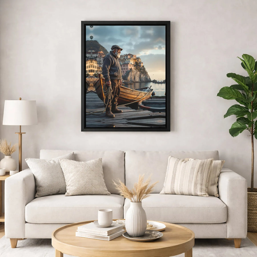 Old Fisherman Canvas Wall Art | Coastal Village Sunset Scene | Premium 1.25-Inch Gallery Wrap | Nautical Home Decor Gift for Sea Lovers