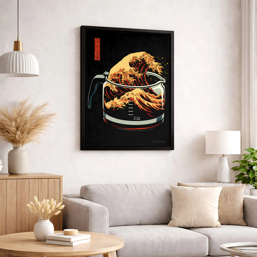 Japanese Great Wave Coffee Pot Canvas Art | Hokusai Inspired Wall Decor | Gallery-Wrapped Premium Print | Unique Kitchen & Coffee Bar Gift