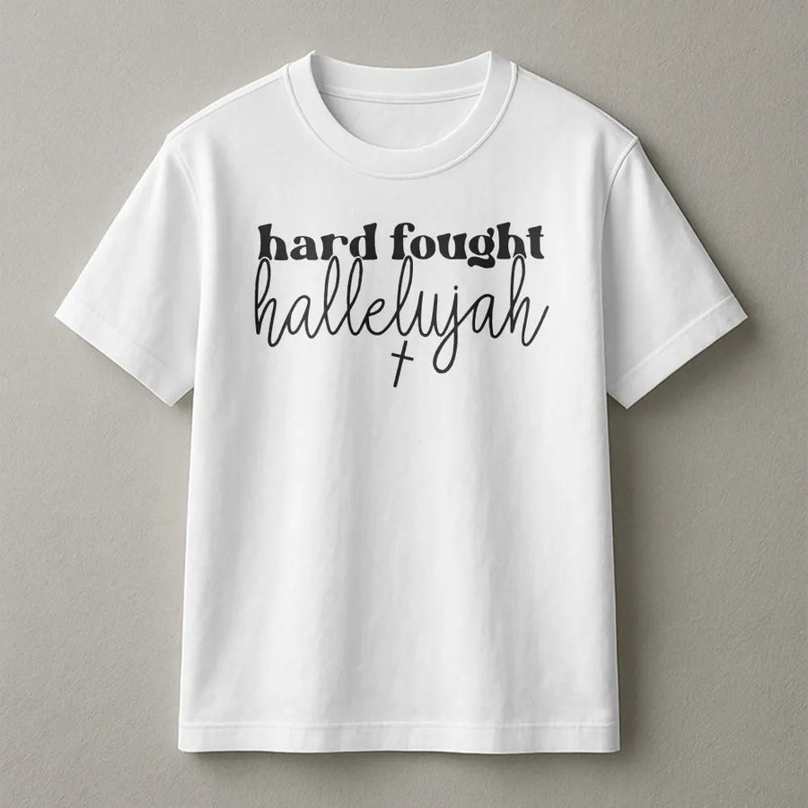 Christian Faith T-Shirt | Hard Fought Hallelujah Vintage Graphic | Soft Breathable Cotton | Inspirational Religious Gift for Women