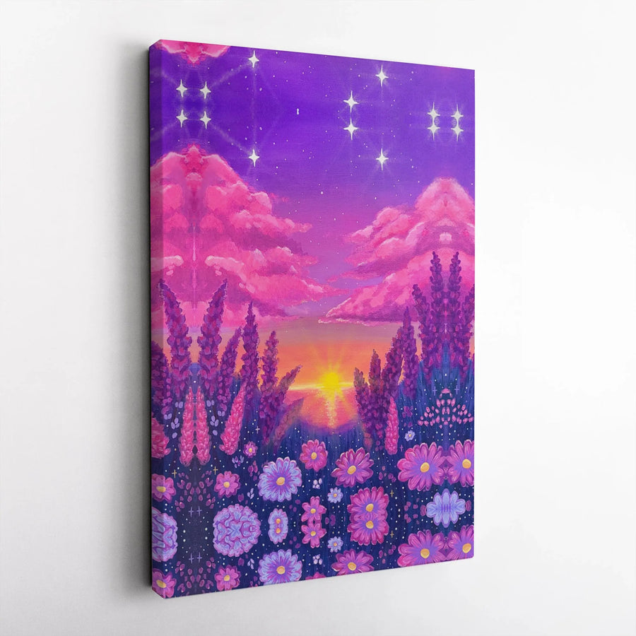 Purple Flower Field Canvas Art | Starry Night Sunset Landscape | Premium 1.25-Inch Gallery Wrap | Whimsical Boho Home Decor Wall Print