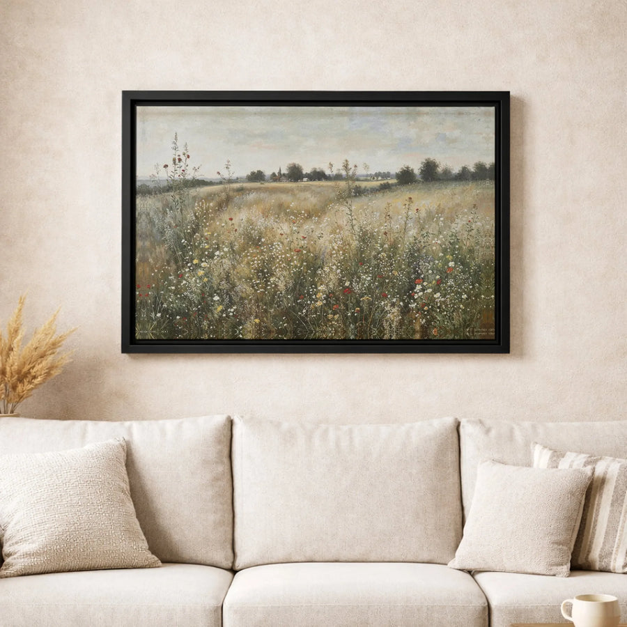Wildflower Meadow Canvas Print | Vintage Country Landscape Art | Premium Gallery Wrapped Wall Decor | Farmhouse Cottagecore Gift For Home