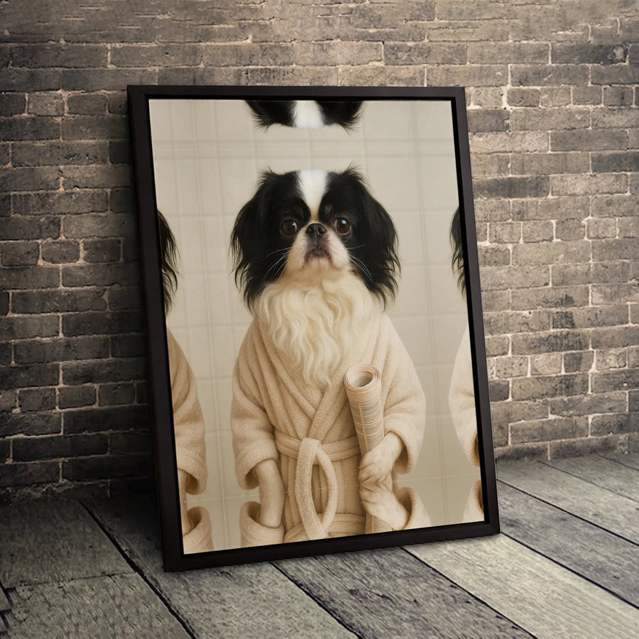 Japanese Chin Dog Wall Art | Funny Bathrobe & Newspaper Portrait | Premium Gallery Canvas | Unique Pet Lover Gift Decor