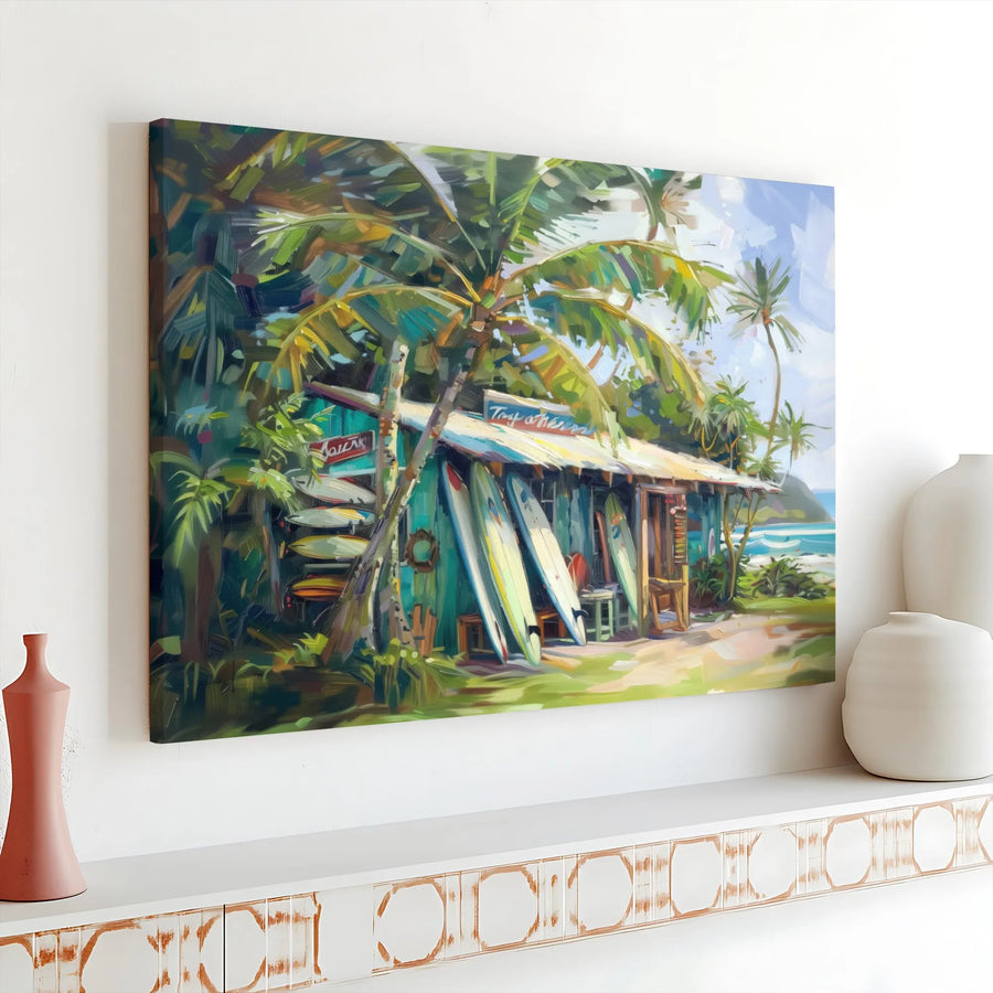 Tropical Surf Shack Canvas Print | Painterly Ocean Scene with Palm Trees | Premium Stretched Canvas | Coastal Home Decor Gift