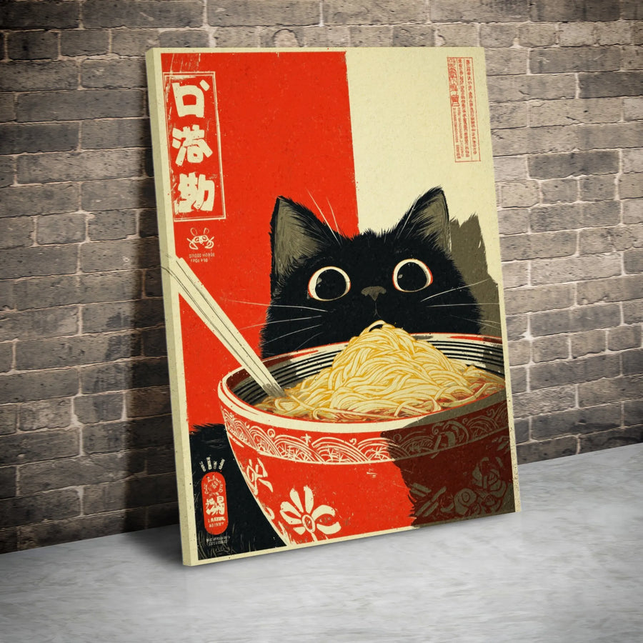 Japanese Cat Ramen Wall Art | Vintage Aesthetic Black Cat Print | 1.25 Inch Gallery Wrap Canvas | Unique Kitchen Decor Gift for Cat Lovers