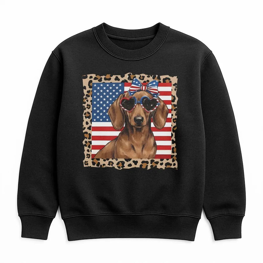 Patriotic Dachshund Sweatshirt | American Flag Dog with Sunglasses | Premium Cotton Crewneck | 4th of July Gift for Dog Lover