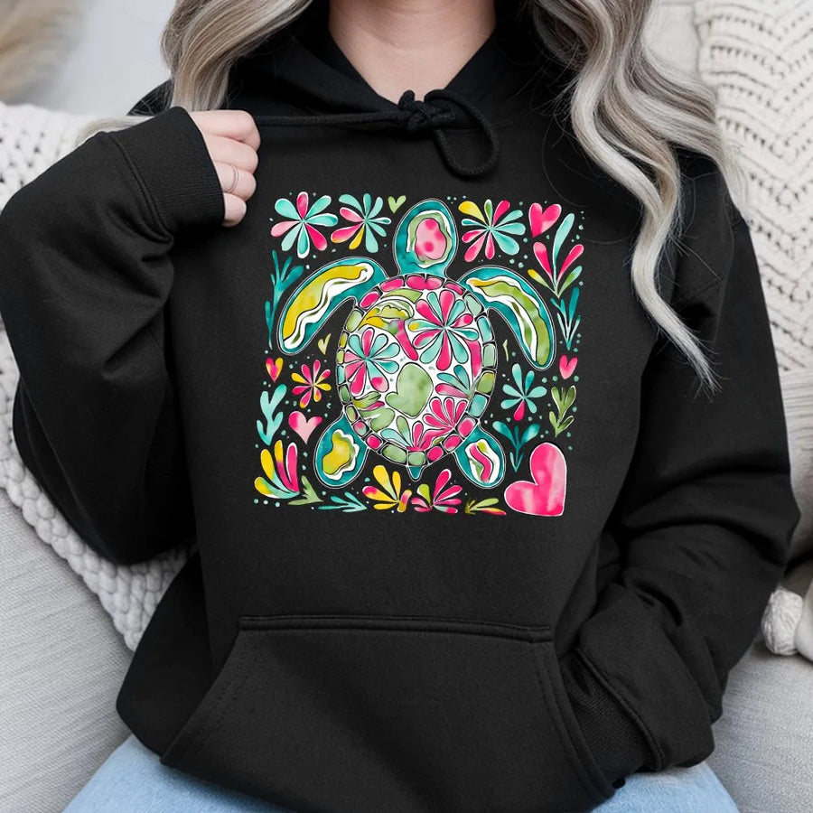 Sea Turtle Hoodie | Floral Boho Ocean Animal Print | Premium Cotton Blend | Gift for Ocean Lovers Beach Enthusiasts