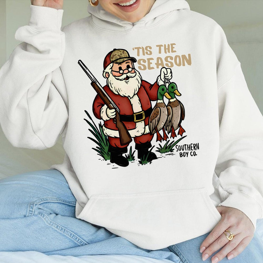 Tis The Season Duck Hunting Hoodie | Santa Claus with Shotgun Graphic | Premium Cotton Blend Unisex Sweatshirt | Funny Country Christmas Gift for Hunters