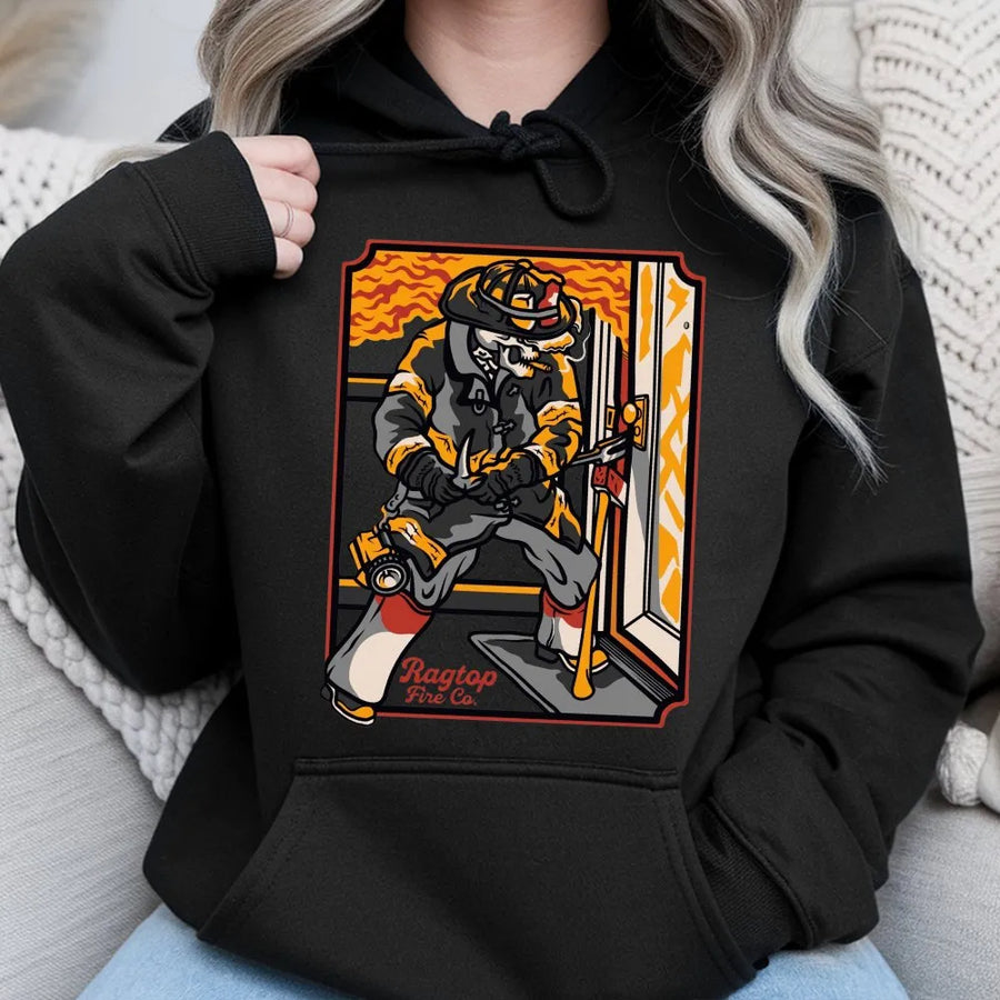 Skeleton Firefighter Forcible Entry Hoodie | Badass Skull Graphic Design | Premium Cotton-Blend | Gift for Fireman and First Responders