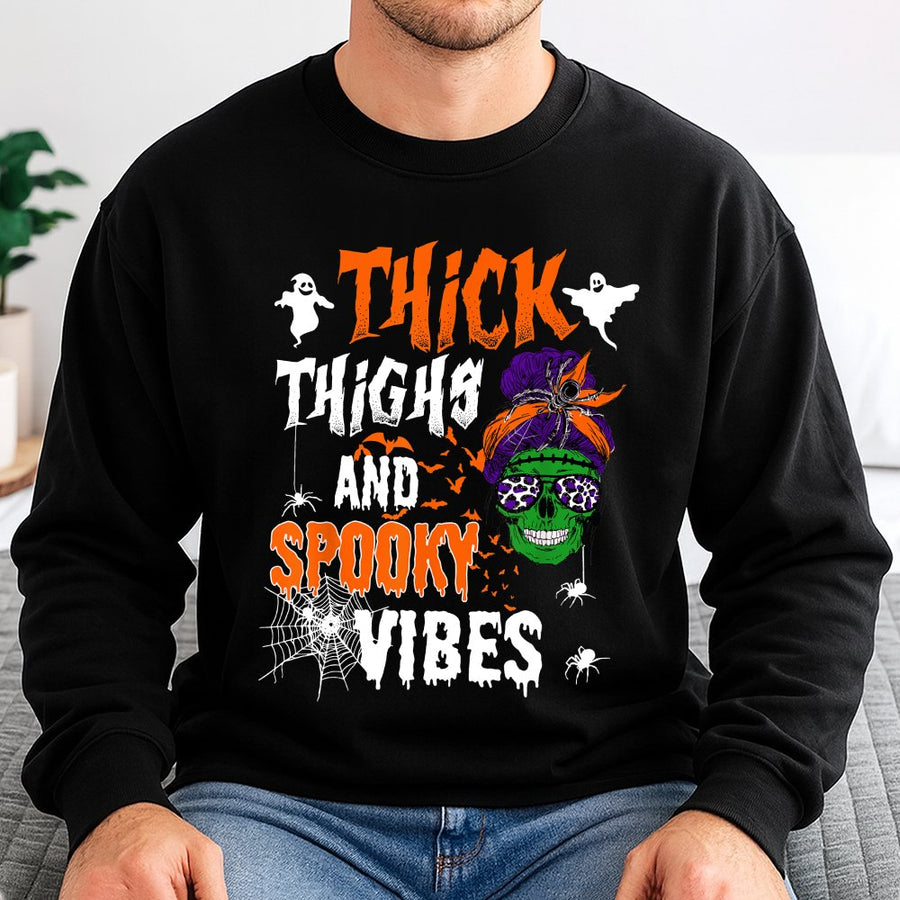 Thick Thighs And Spooky Vibes Sweatshirt | Halloween Skeleton Witch Design | Premium Cotton Blend | Funny Gift For Women