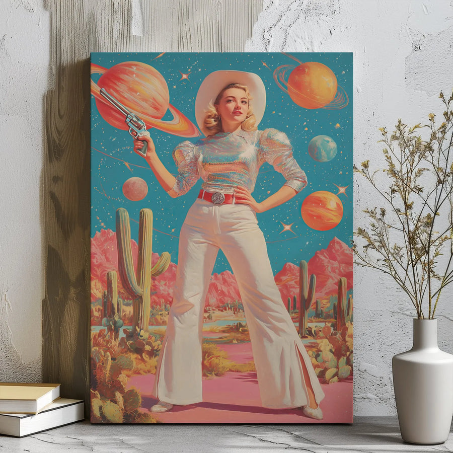 Space Cowgirl Canvas Art | Retro Western Cosmic Desert Wall Decor | Premium 1.25" Gallery Wrap | Gift for Boho Southwestern Art Lovers
