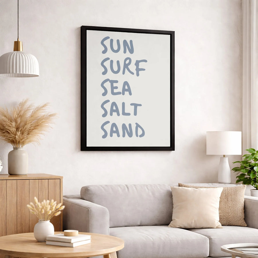 Sun Surf Sea Salt Sand Wall Art | Beach House Typography Print | Premium Gallery Wrapped Canvas | Coastal Decor for Living Room Gift