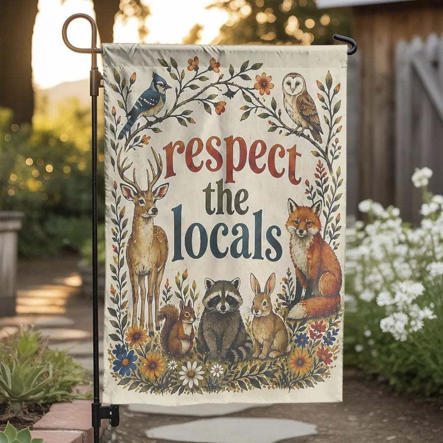 Respect The Locals Garden Flag | Vintage Woodland Animals Art | Double-Sided Weather-Resistant Fabric | Outdoor Yard Decor Gift for Nature Lovers