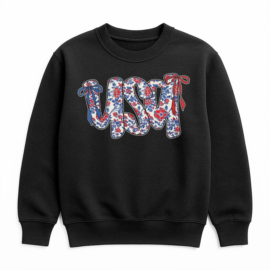 USA Floral Bow Sweatshirt | Patriotic Coquette Aesthetic Design | Premium Cotton-Poly Blend | 4th of July Gift for Women and Girls