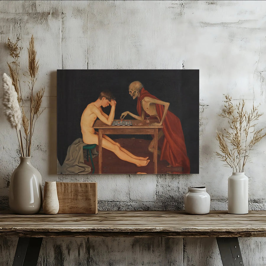 Death Playing Chess Canvas Wall Art | Macabre Figurative Painting | Premium 1.25-inch Gallery Wrap | Gothic Home Decor & Dark Academia Gift