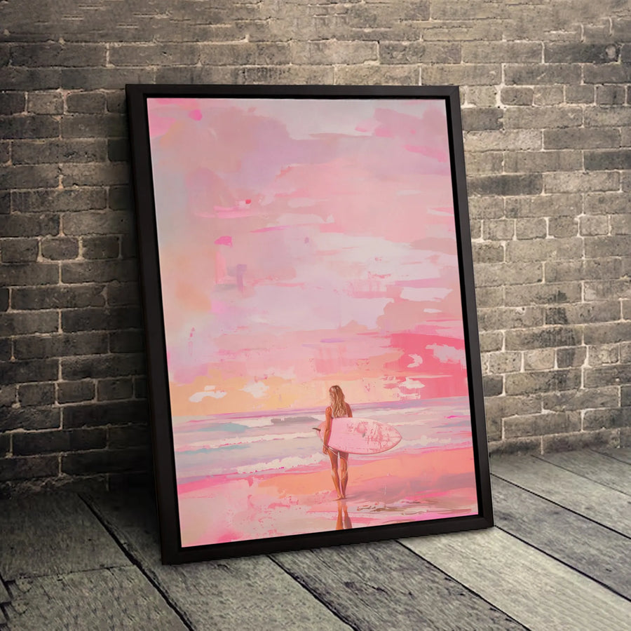 Surfer Girl Wall Art | Pink Beach Sunset Coastal Decor | Premium 1.25-Inch Gallery Wrapped Canvas | Aesthetic Gift for Surfers