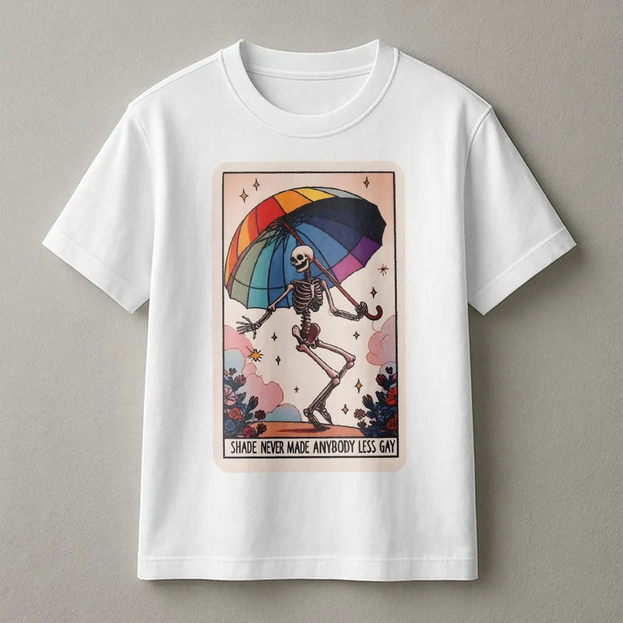 Rainbow Pride Tarot Card T-Shirt | Dancing Skeleton with Rainbow Umbrella | Premium Cotton Graphic Tee | LGBTQ Pride Month Gift Apparel