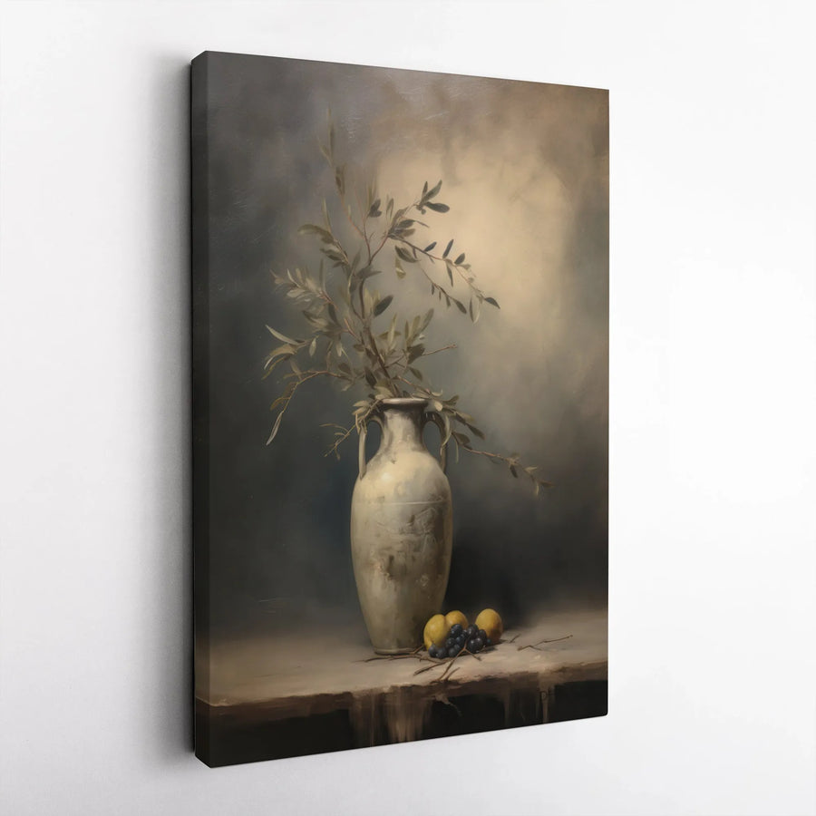 Classical Still Life Canvas Art | Antique Vase With Fruit Oil Painting Style | 1.25-Inch Gallery Wrap | Premium Neutral Home Decor Wall Print