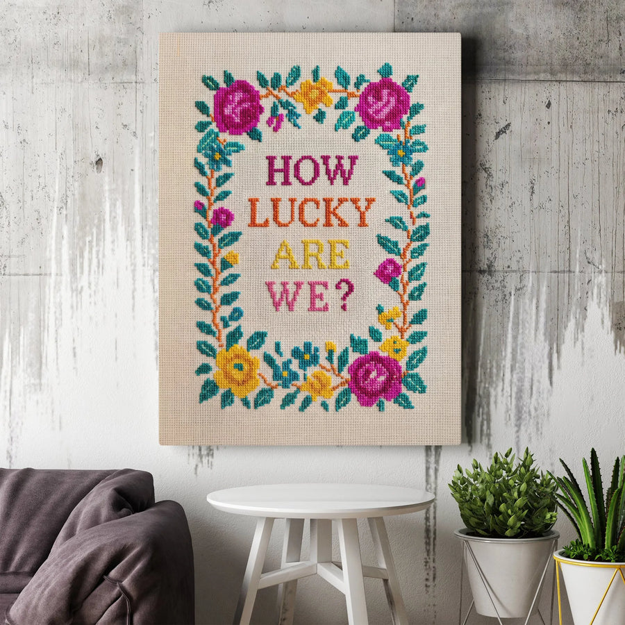 How Lucky Are We Canvas Print | Vintage Cross Stitch Style Art | Premium Gallery Wrapped Wall Decor | Anniversary Gift for Couple