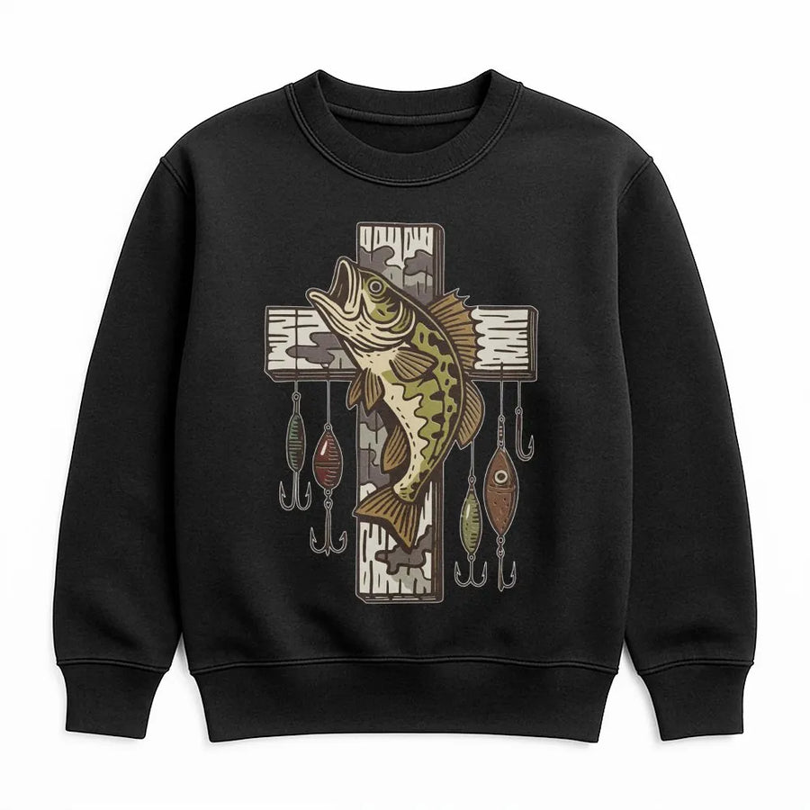 Fishing Cross Sweatshirt | Bass Fish Rustic Wood Design with Lures | Premium Cotton Blend Crewneck | Christian Fisherman Gift for Men Women