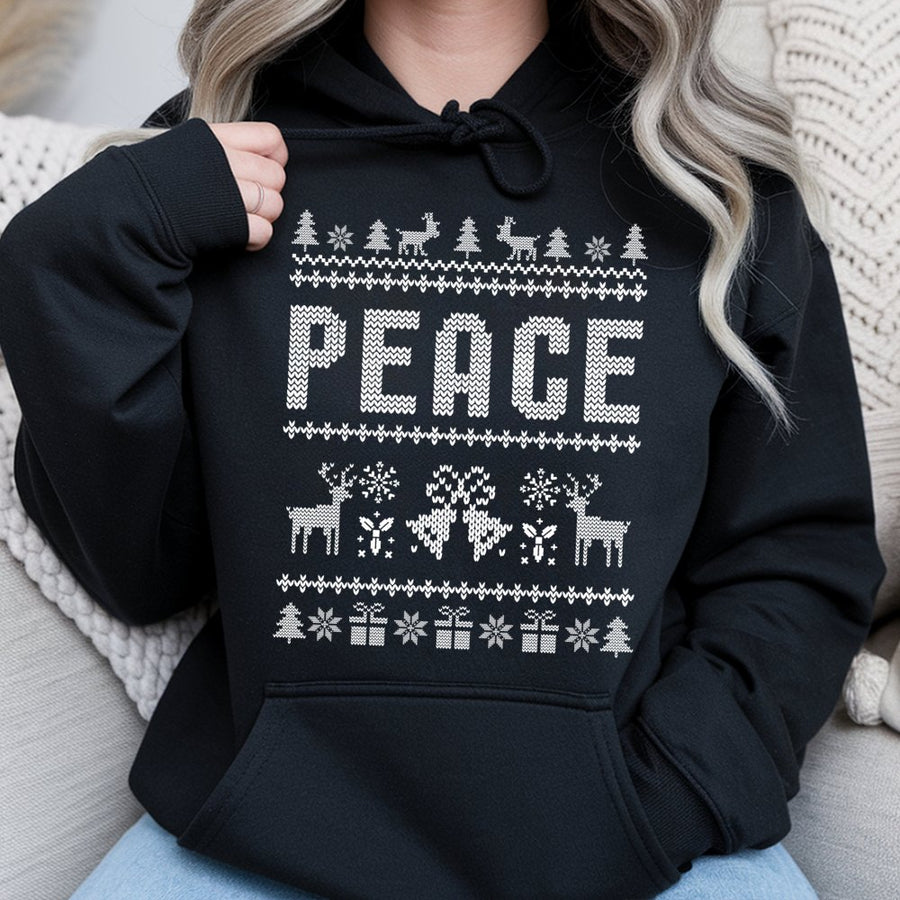Peace Ugly Christmas Hoodie | Nordic Reindeer Holiday Graphic Print | Premium Cotton Blend | Funny Matching Gift for Couples & Family