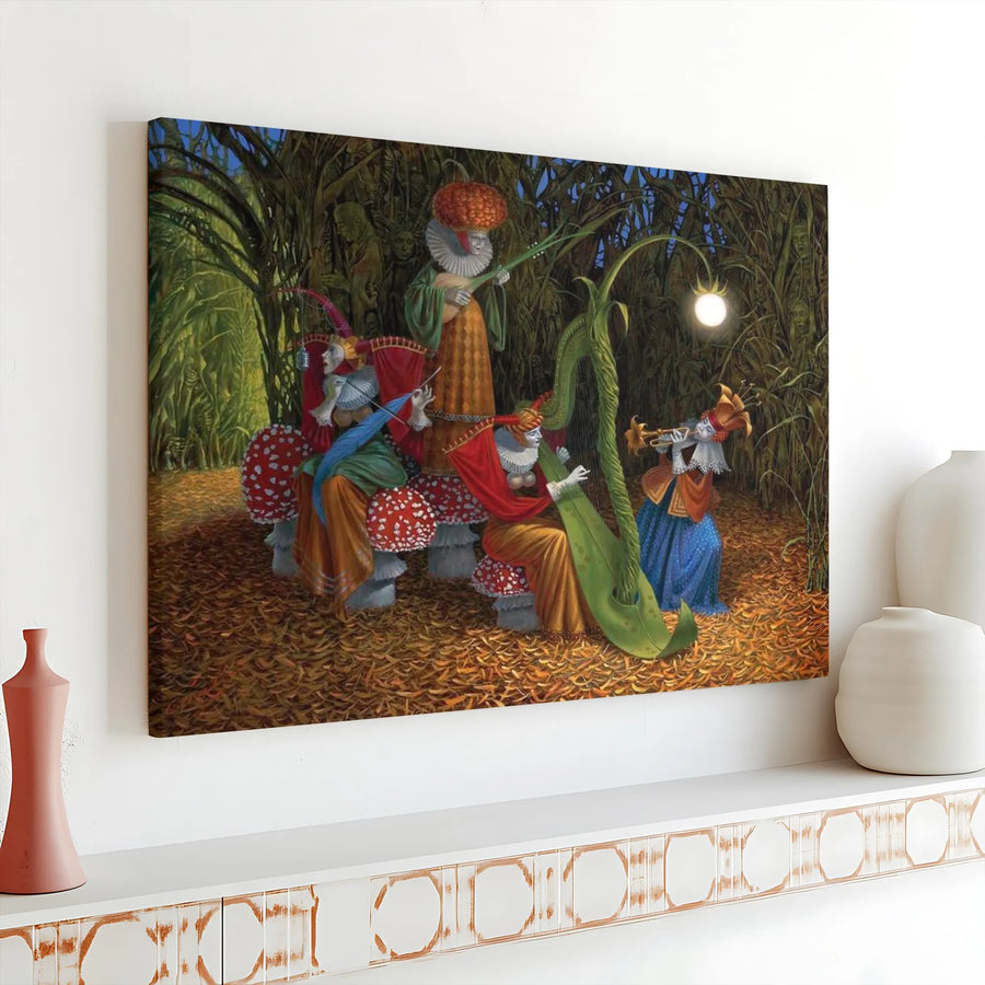 Surreal Forest Musicians Canvas Art | Whimsical Jesters in Enchanted Woods Print | Premium Gallery-Quality Canvas | Collector's Gift for Fantasy Lovers