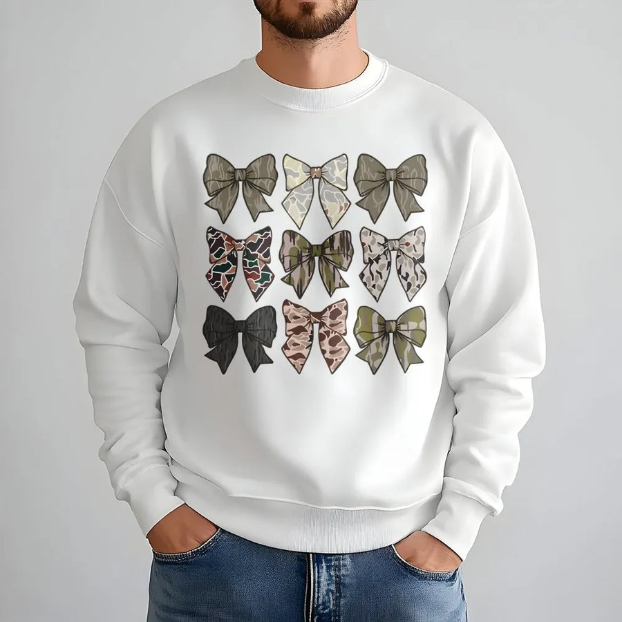 Camo Bow Sweatshirt | Trendy Aesthetic Ribbon Print | Premium Cotton Blend Crewneck | Cute Country Girl Gift for Women and Teens