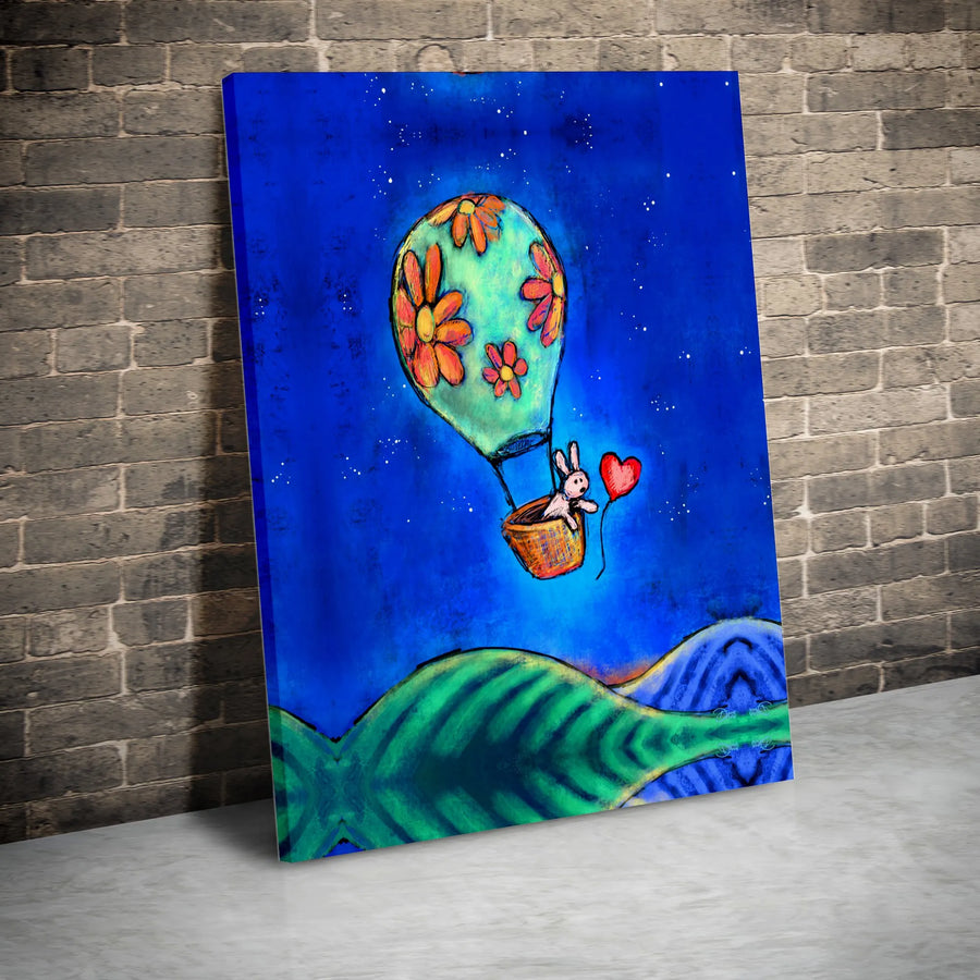 Whimsical Rabbit Canvas Wall Art | Flower Hot Air Balloon Print | Gallery-Quality 1.25-Inch Profile | Charming Nursery or Kid’s Room Decor Gift