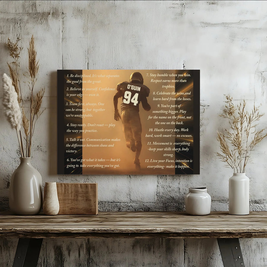 Football Motivational Canvas Wall Art | 12 Rules of Success Athlete Quote Print | Premium Gallery Wrap Decor | Gift for Football Player & Coach