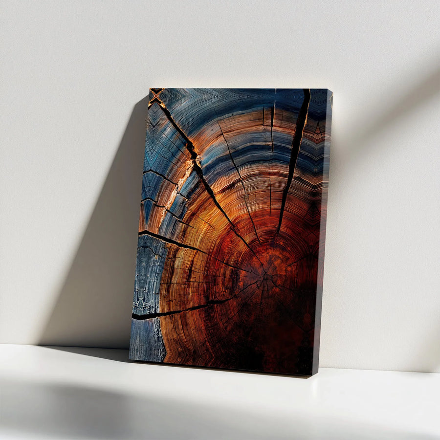 Abstract Tree Ring Canvas Print | Blue and Orange Cracked Wood Slice Design | Premium Gallery Canvas | Modern Rustic Home Decor Gift