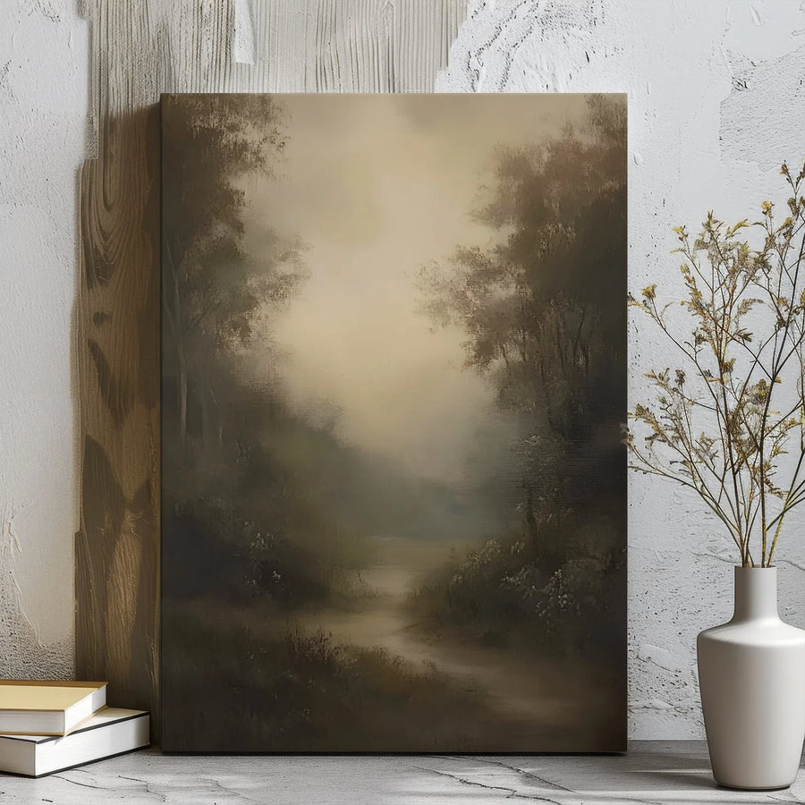 Misty Forest Landscape Canvas Art | Tonalist Woodland Path Wall Decor | Premium Gallery Wrap Print | Serene Nature Artwork for Home Office