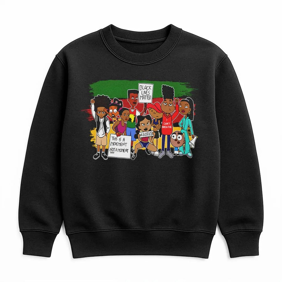Black Lives Matter Graphic Sweatshirt | BLM Cartoon Art Movement Design | Premium Cotton Blend Crewneck | Unisex Equality Activism Apparel Gift