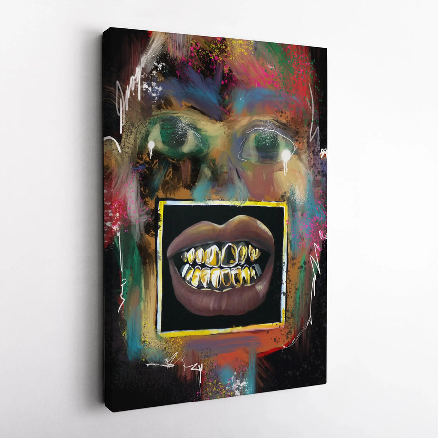 Abstract Graffiti Portrait Canvas | Gold Grillz Urban Art Print | Premium Fade-Resistant Wall Decor | Modern Edgy Home & Office Gift
