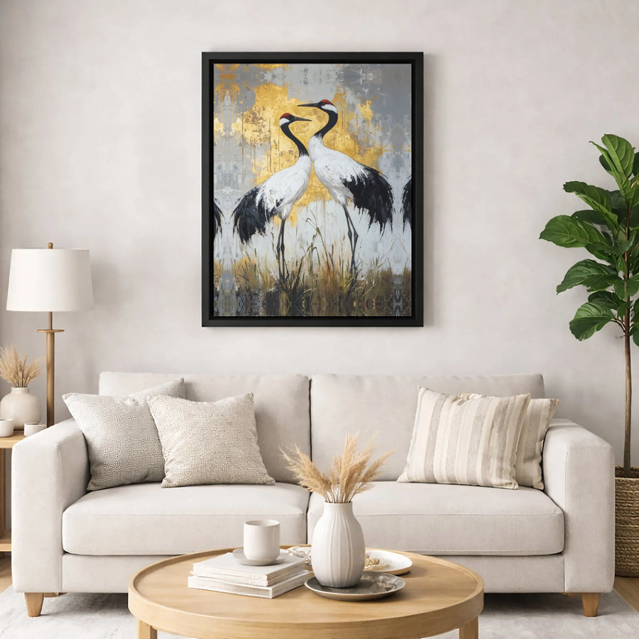 Red-Crowned Crane Canvas Wall Art | Gold Leaf Abstract Bird Painting | Premium 1.25" Gallery Wrap | Sophisticated Home Office Decor Gift
