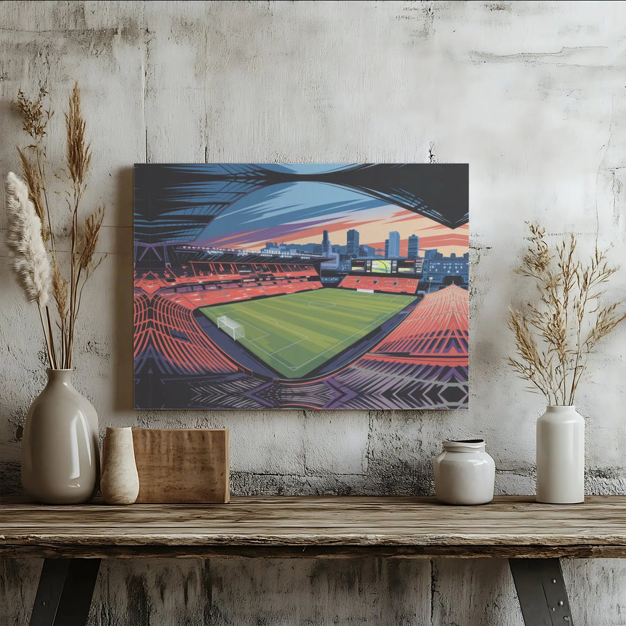 Soccer Stadium Canvas Print | Modern Sunset City Skyline Art | Premium Gallery Wrap Wall Decor | Gift For Sports Fans & Office Decor