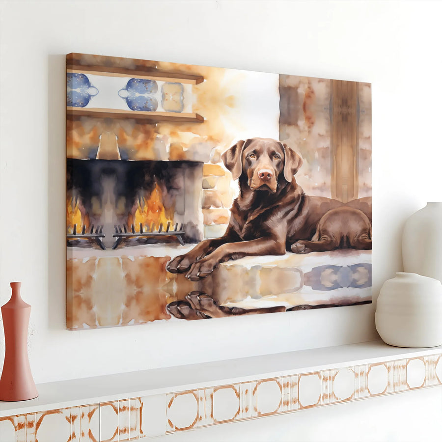 Chocolate Labrador Canvas Wall Art | Cozy Fireplace Watercolor Portrait | Premium Gallery Wrap | Gift for Dog Lover & Rustic Home Decor