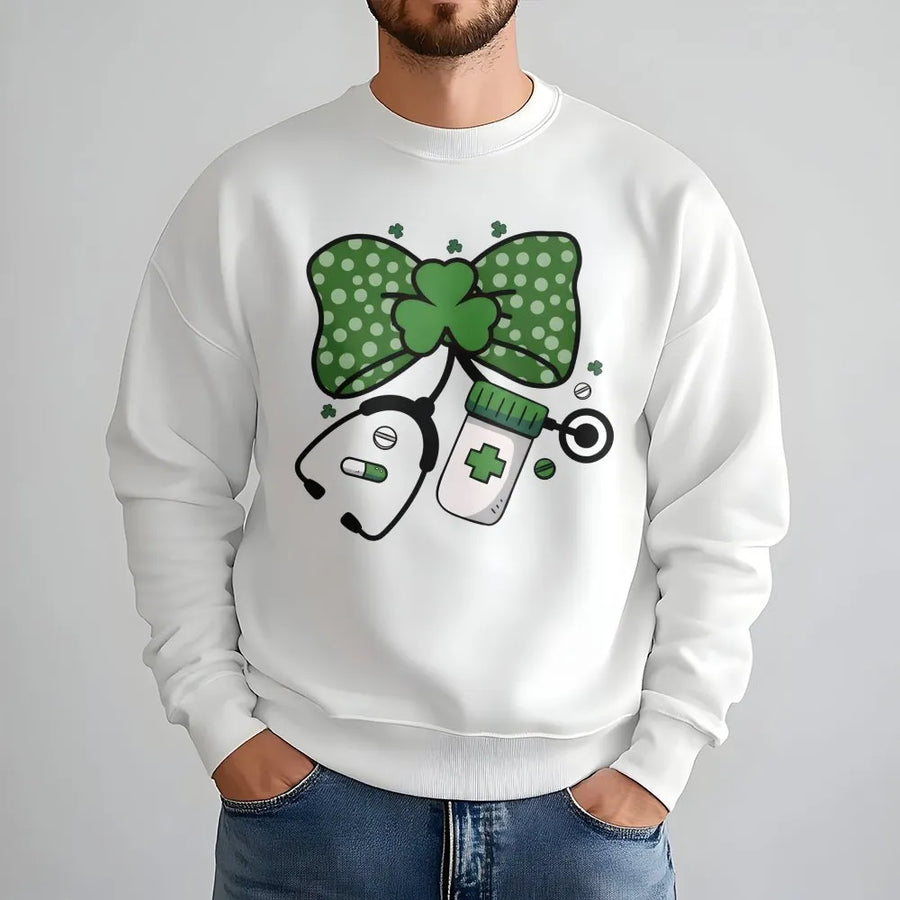 St. Patricks Day Nurse Sweatshirt | Shamrock Stethoscope Bow Design | Premium Cotton Blend | Cute Medical Professional Gift for Her
