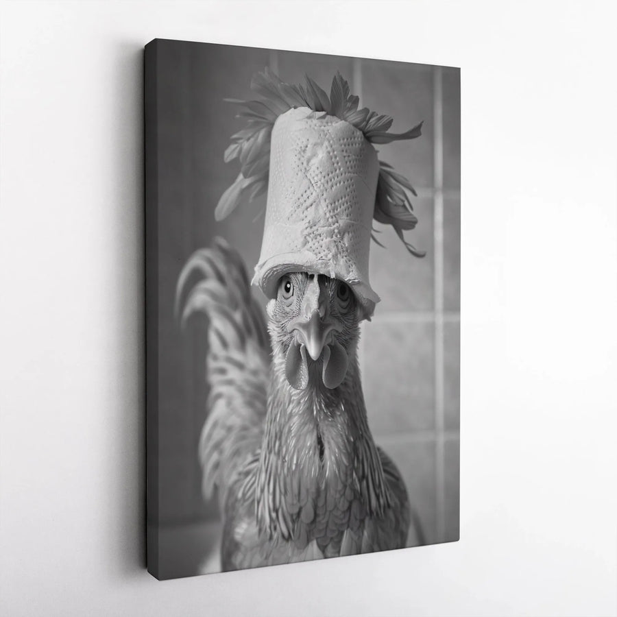 Funny Chicken Canvas Art | Whimsical Toilet Paper Hat Portrait | Premium Gallery Wrapped Decor | Unique Farmhouse Wall Art Gift