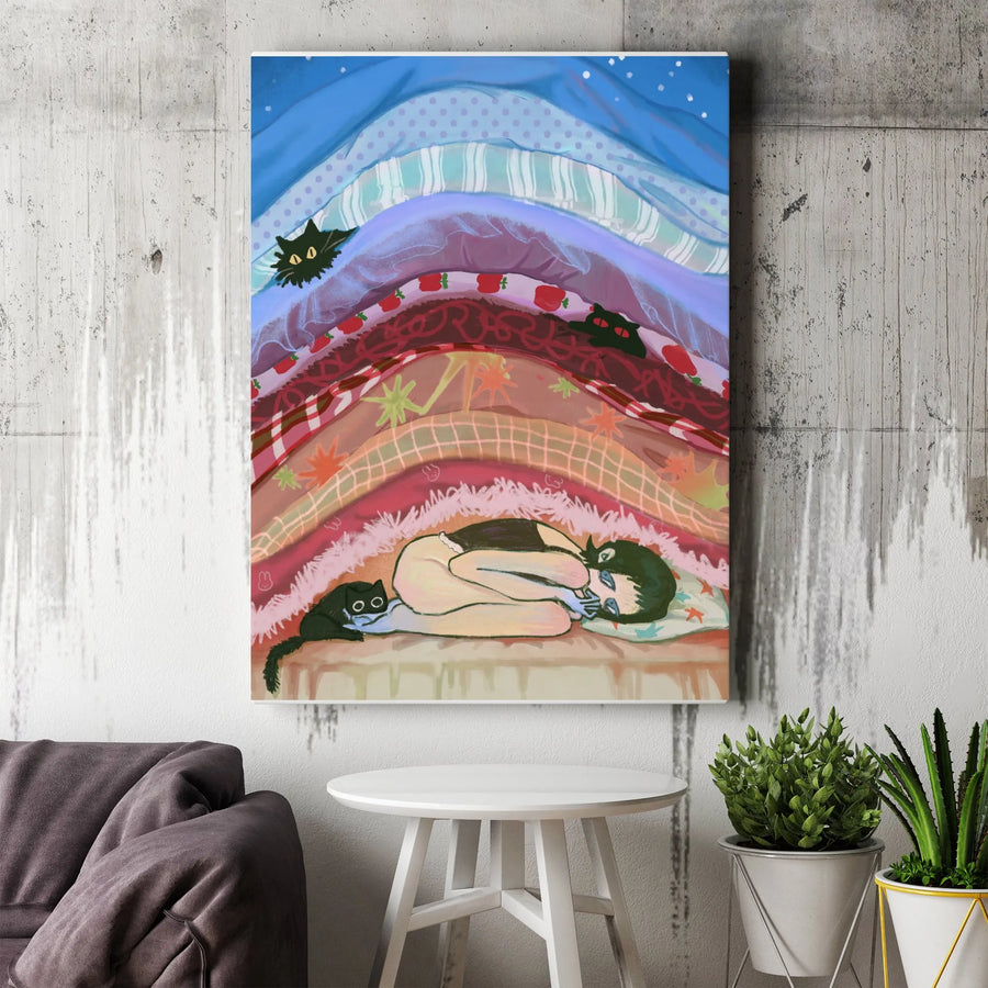 Cozy Cat Vertical Canvas | Whimsical Girl Under Blankets Illustration | Premium Gallery Wrapped Canvas | Modern Bedroom Decor Gift for Cat Lover
