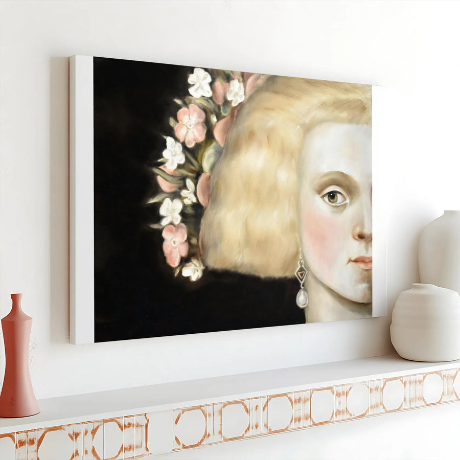 Classical Woman Portrait Canvas | Half Face Painting with Flowers | Premium Fade-Resistant Print | Vintage Style Home Decor Gift for Art Lover
