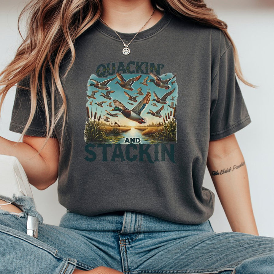 Quackin And Stackin T-Shirt | Mallard Duck Hunting Graphic | 100% Cotton Premium Tee | Outdoor Enthusiast Gift For Hunters
