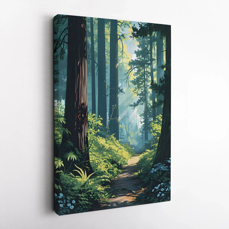 Redwood Forest Canvas Wall Art | Sunlit Path Nature Landscape Illustration | Gallery-Quality Fade-Resistant Print | Serene Home Office Decor Gift