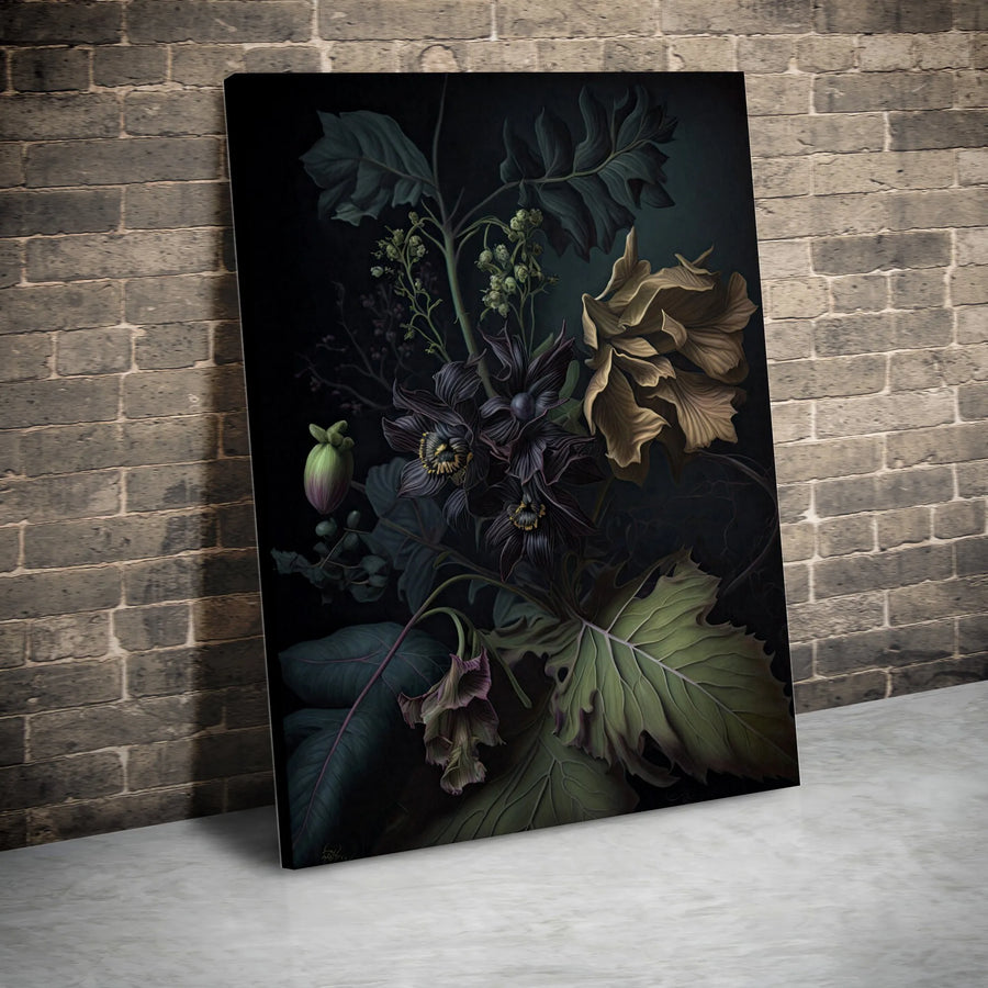 Dark Moody Floral Canvas Art | Botanical Still Life Wall Decor | Premium Fade-Resistant Gallery Wrap | Sophisticated Home Office Decor