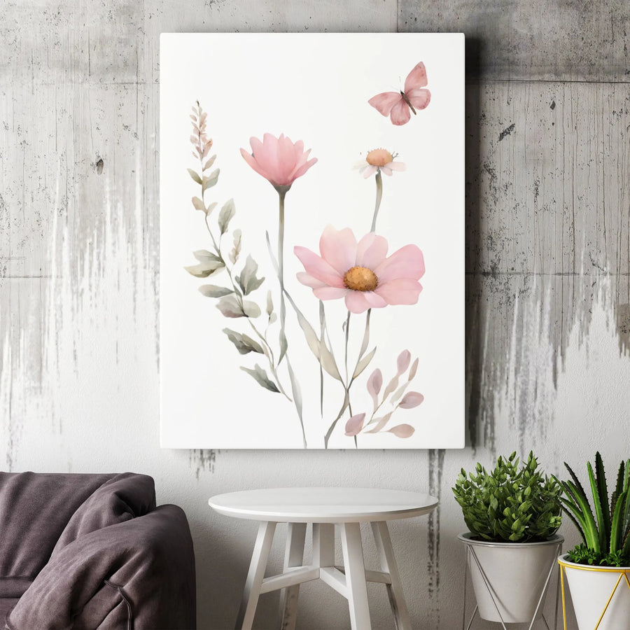 Watercolor Wildflower Canvas Print | Pink Floral Botanical Wall Art | 1.25 Inch Gallery Wrap | Elegant Nursery and Home Decor Gift