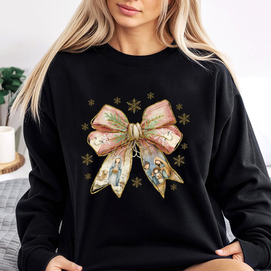 Nativity Scene Sweatshirt | Coquette Bow Aesthetic Christmas Design | Premium Cotton Blend Crewneck | Religious Holiday Gift For Women