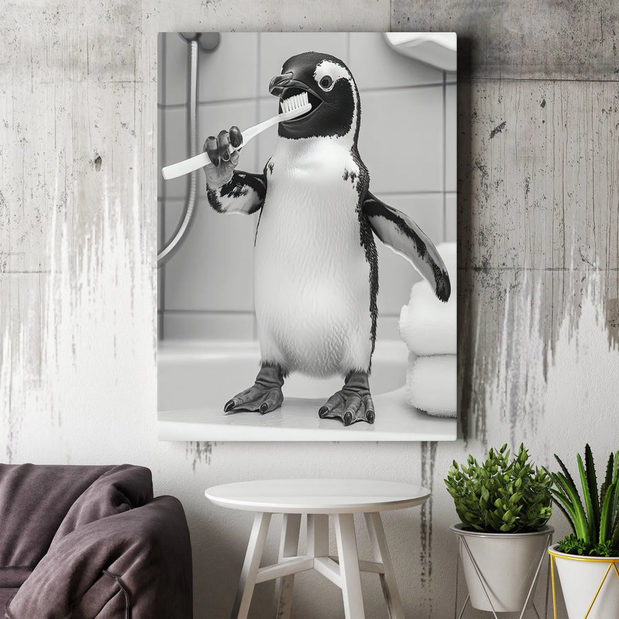 Funny Penguin Brushing Teeth Canvas | Quirky Bathroom Wall Art | 1.25-Inch Premium Gallery Wrap | Whimsical Animal Decor Gift for Kids and Adults