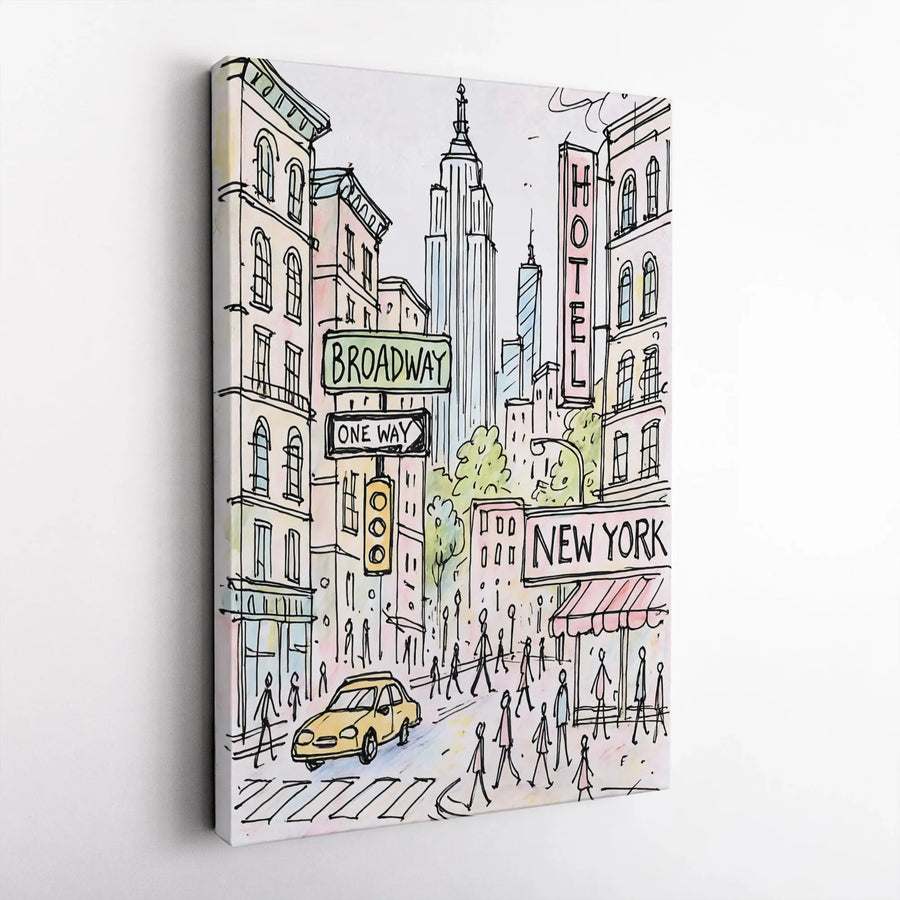 New York City Canvas Wall Art | Broadway Skyline Sketch Print | Premium Gallery Wrap Decor | NYC Travel Gift for Home Office