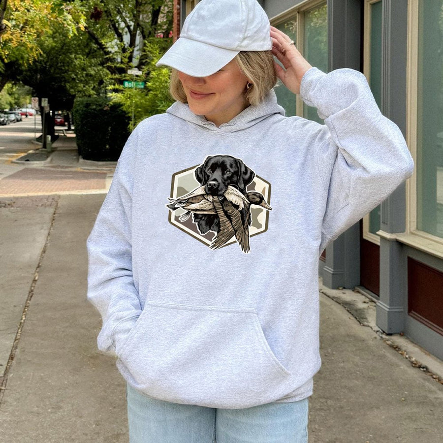 Black Labrador Duck Hunting Hoodie | Retriever Field Dog Graphic | Premium Cotton Blend | Gift for Waterfowl Hunters and Outdoorsmen