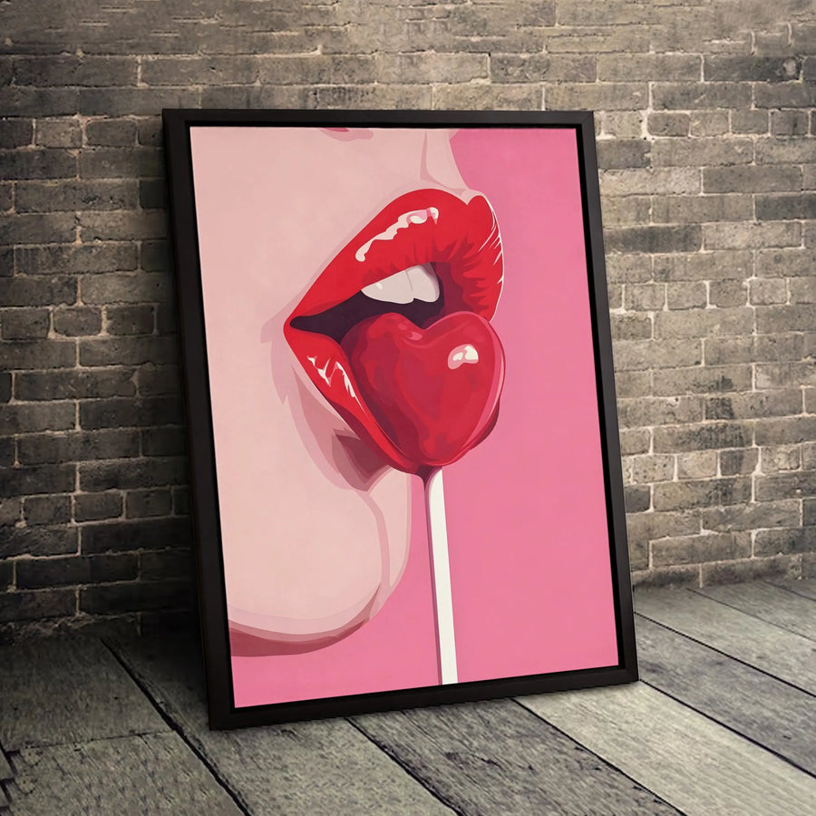 Pop Art Lips Canvas Print | Heart Lollipop Aesthetic Wall Art | Premium 1.25-Inch Gallery Wrap | Modern Bedroom & Living Room Decor