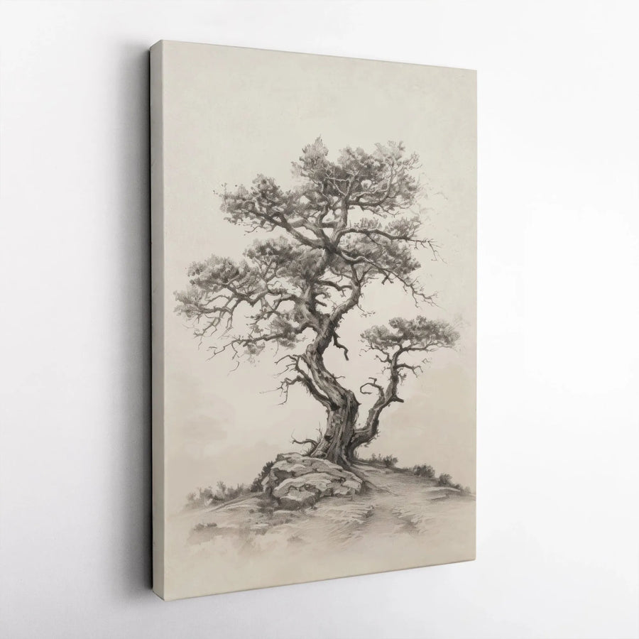 Gnarled Old Tree Canvas Print | Vintage Pencil Sketch Forest Wall Art | Premium Gallery Wrapped | Nature Lover Home Decor Gift