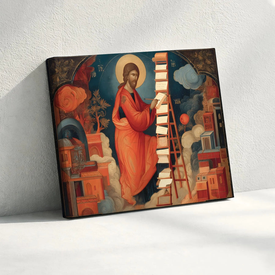 Jesus Christ Writing on Ladder Byzantine Icon | Religious Wall Art | Premium Gallery Wrapped Canvas | Christian Home Decor Gift